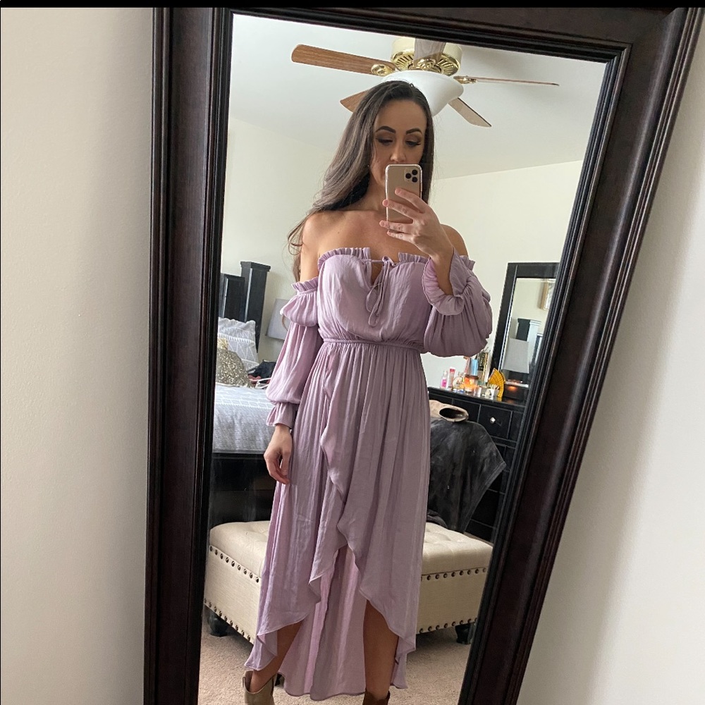Off the shoulder, purple peasant style dress